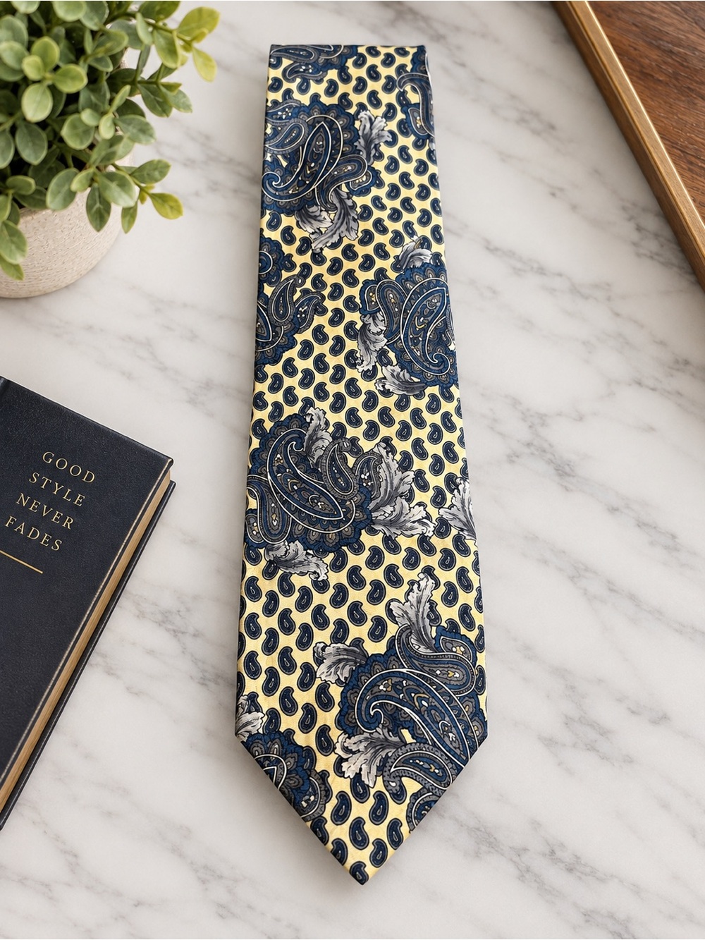 Bill Blass Silk Tie Yellow Blue Paisley Pattern